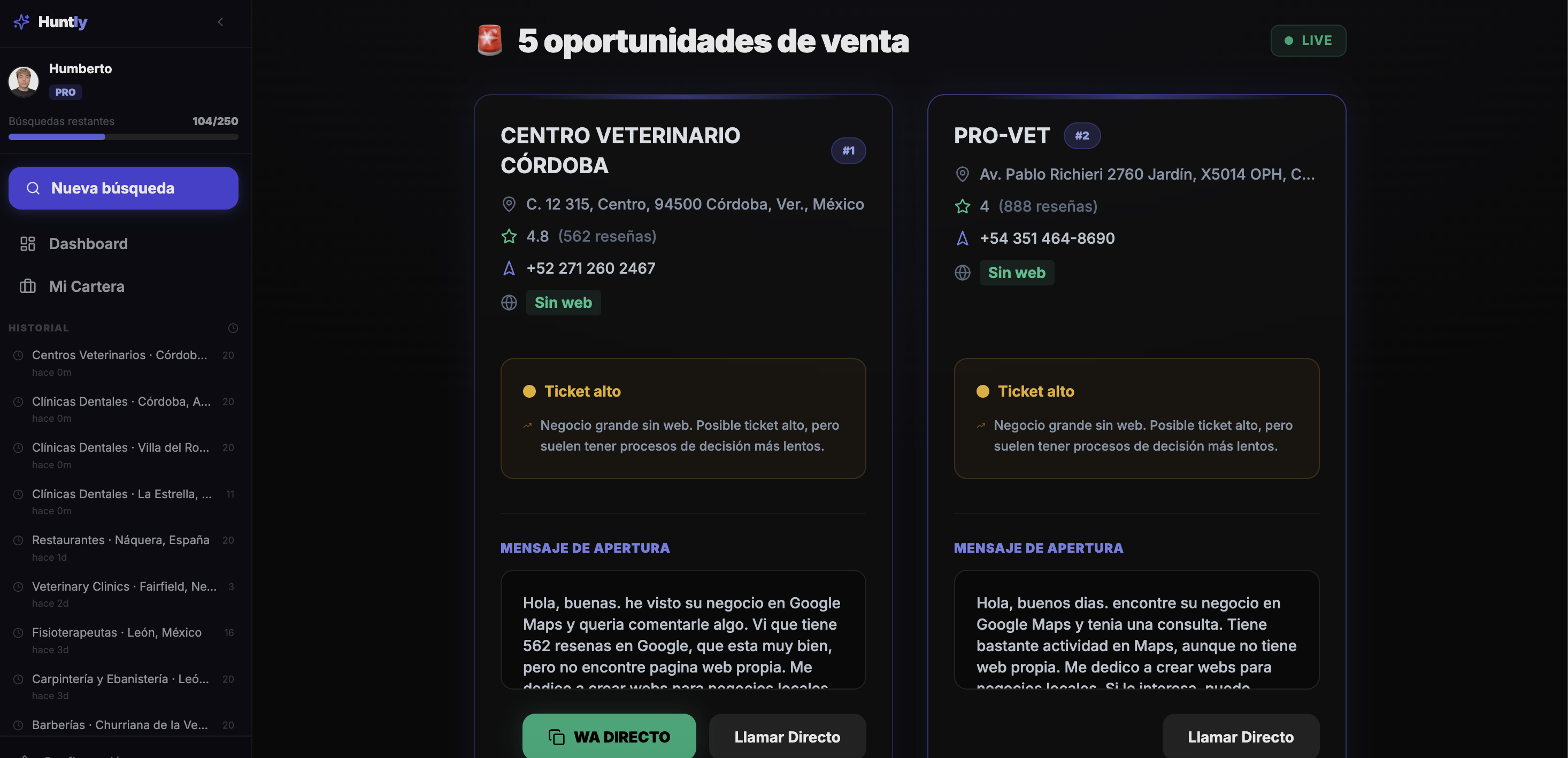 Dashboard Huntly con leads filtrados